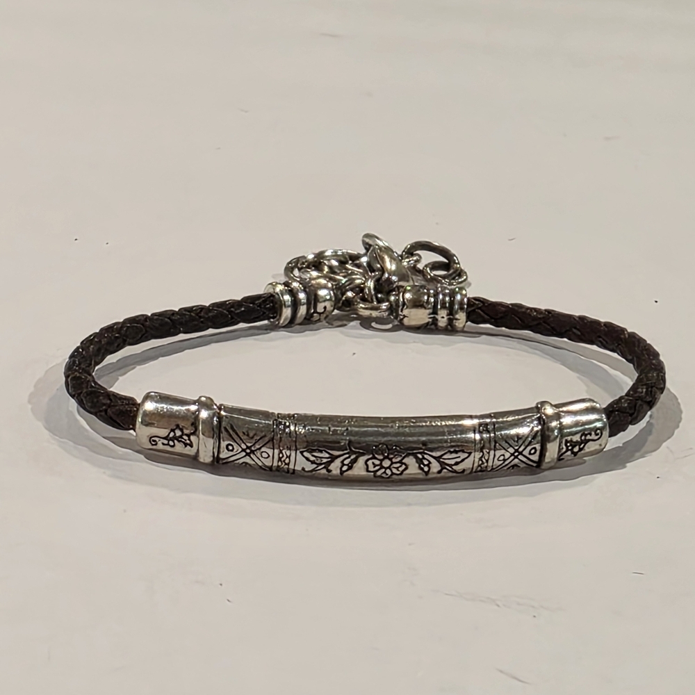 Brighton Leather‎ Braided Bracelet with Etched Silver Tone Barrel Accent Clasp